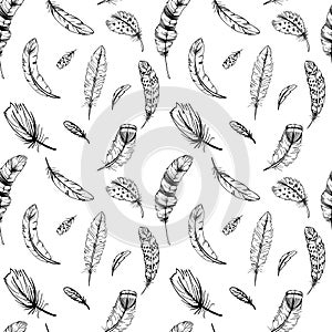 Hand drawn vector boho pattern. Vintage decorative feather ink drawing.