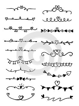 Hand drawn vector borders leaf and heart, dividers