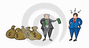 Hand-drawn vector boss has a lot of money with sacks and pays one money to his businessman worker