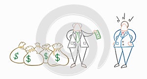 Hand-drawn vector boss has a lot of money with sacks and pays one money to his businessman worker