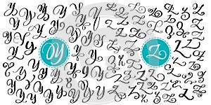 Hand drawn vector calligraphy letter Y, Z. Script font. Isolated letters written with ink. Handwritten brush style. Hand