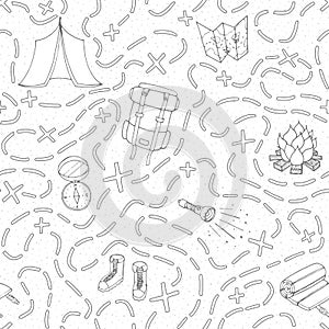 Hand drawn vector camping seamless pattern with backpack, bonfire, shoes, map, tent, sleeping bag, flashlight, compass and path