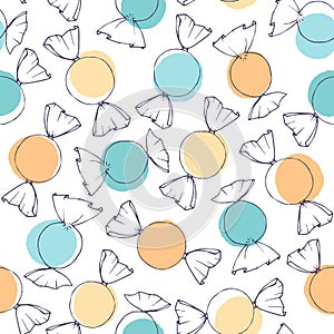 Hand drawn vector candy outline with blue and yellow circles seamless pattern on the white background. Easter holiday decoration