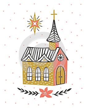 Hand drawn vector card with the Catholic temple and star of Bethlehem. Christmas print design.