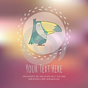 Hand drawn vector cartoon bird on blurred