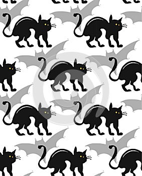 Hand drawn vector cartoon seamless pattern with black cat and shape of bat shadow isolated on white.Halloween holiday