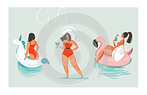 Hand drawn vector cartoon summer time fun beach girls collection illustration set with swimming pool float unicorn and