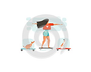 Hand drawn vector cartoon summer time fun illustrations collection, set with skater girl on skateboard and her dog