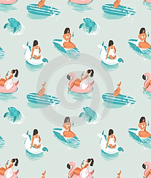 Hand drawn vector cartoon summer time seamless pattern with girls,pool floats,dog,dolphin an surfboard isolated on blue