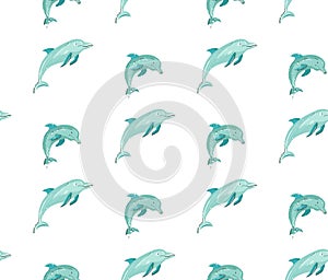 Hand drawn vector cartoon summer time seamless pattern with jumping dolphins in blue colors isolated on white background