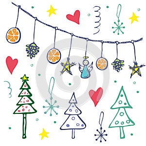 Hand drawn vector christmas doodle clipart collection. xmas or new year outline sketched icons isolated on white. Cute