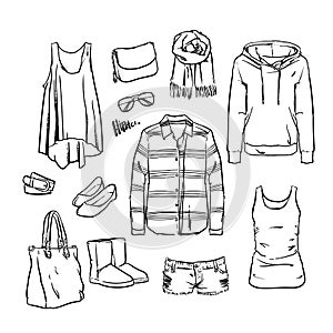 Hand drawn vector clothing and accessories