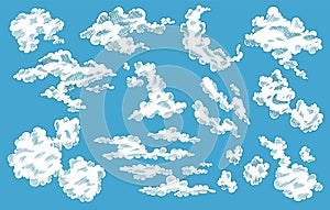 Hand drawn vector clouds set. Vintage retro sky design. Engraved sketch. Abstract doodle clouds. Line art