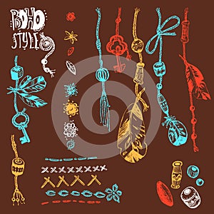 Hand drawn vector collection of boho elements rope, beads, feat