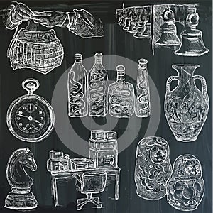Bric a brac, objects - an hand drawn pack. Freehand sketching. V photo