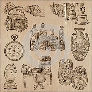 Bric a brac, objects - an hand drawn pack. Freehand sketching. V photo