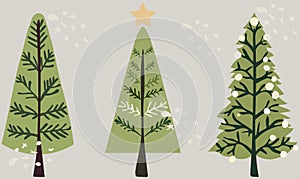 Hand-drawn vector collection of Christmas trees, adorned with festive ornaments, stars, snowflakes. Holiday poster