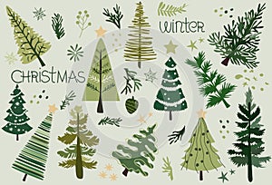 Hand-drawn vector collection of Christmas trees, adorned with festive ornaments, stars, snowflakes. Holiday poster