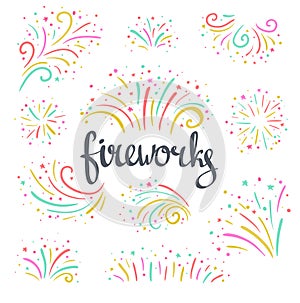 Hand drawn vector colorful Christmas fireworks on the white background.