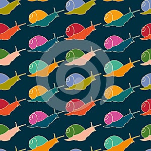 Hand drawn vector colorful snails, seamless vector