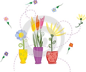 Hand-drawn vector colorful spring flowers in vases isolated on white background,
