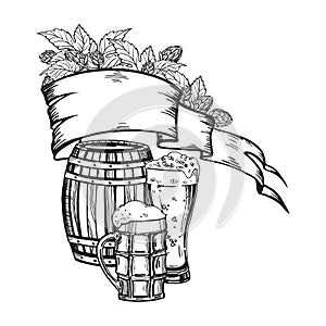 Hand drawn vector composition with wooden barrel, beer, beer glasses, old banner ribbon and branches of hop plant, black