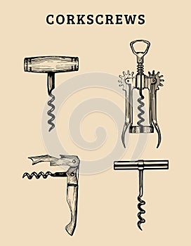 Hand drawn vector corkscrews set. Retro illustrations collection of different spins in sketch style.