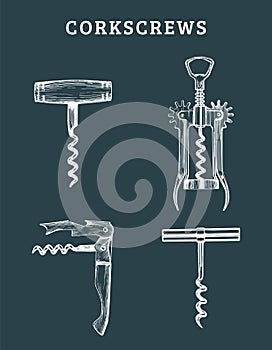Hand drawn vector corkscrews set. Retro illustrations collection of different spins in sketch style.