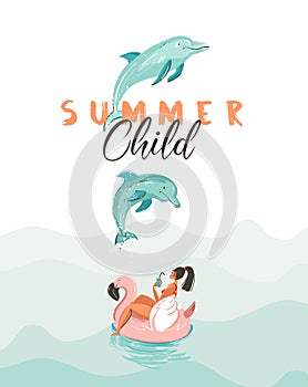 Hand drawn vector creative cartoon summer time poster with jumping dolphins,girl on pink flamingo float circle and