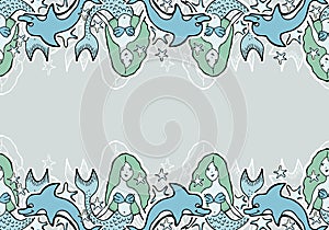 Hand Drawn Vector Cute mermaid, dolphin, stars. Seamless canvas.