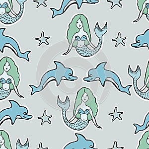 Hand Drawn Vector Cute mermaid, dolphin, stars. Seamless pattern