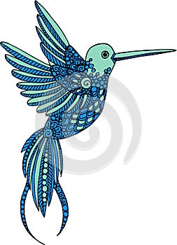 Hand drawn vector decorative hummingbird illustration. Colorful colibri drawing with doodle line ornaments