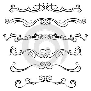 Hand drawn vector dividers. Decorative swirls lines, flourished borders and curl set. Design elements 6
