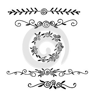 Hand drawn vector dividers. Lines, borders and laurels set. Doodle design elements.