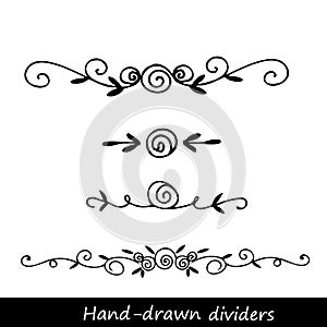 Hand drawn vector dividers. Lines, borders and laurels set. Doodle design elements.
