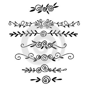 Hand drawn vector dividers. Lines, borders and laurels set. Doodle design elements.