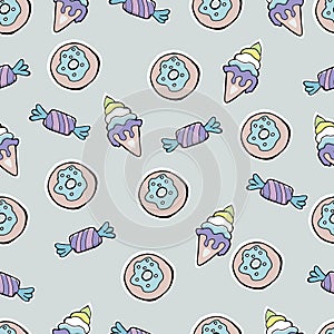 Hand Drawn Vector donuts. Seamless pattern.