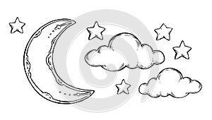 Hand Drawn vector elements - Good night sleeping moon, stars, c