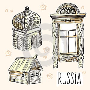 Hand-drawn vector elements of russian huts. Culture, way of life, traditions. Russian style illustration.