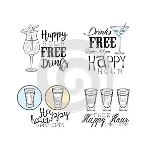 Hand drawn vector emblems for cocktail bar or cafe. Sketch style logos with alcoholic beverages. Design for advertising