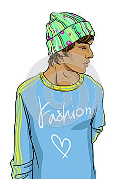 Hand drawn vector fashion man portrait. Fashion people. Graphic stylish illustration. Quick sketching colored picture.