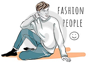 Hand drawn vector fashion man portrait. Fashion people. Graphic stylish illustration. Quick sketching outline picture.