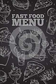 Hand drawn vector fast food on chalkboard in vintage style elements for restaurant menu