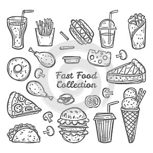 Hand drawn vector fast food element collection