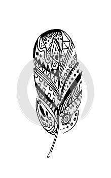 Hand drawn vector feathers in boho style. Isolated on white background.