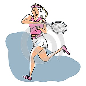 Hand drawn vector of female tennis player playing a volley strok