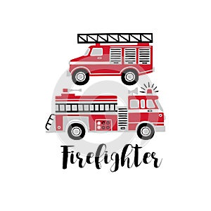 Hand drawn vector fire trucks with text.