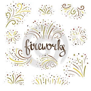 Hand drawn vector fireworks on white background