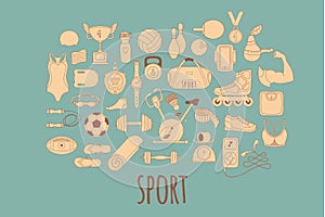 Hand drawn vector fitness and sport doodle icons set