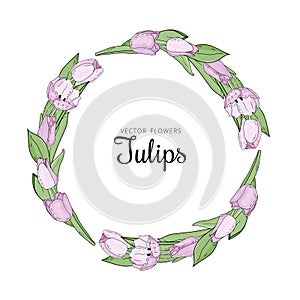 Hand drawn vector floral frame with pink flowers tulips, branch and leaves. Elegant logo template.